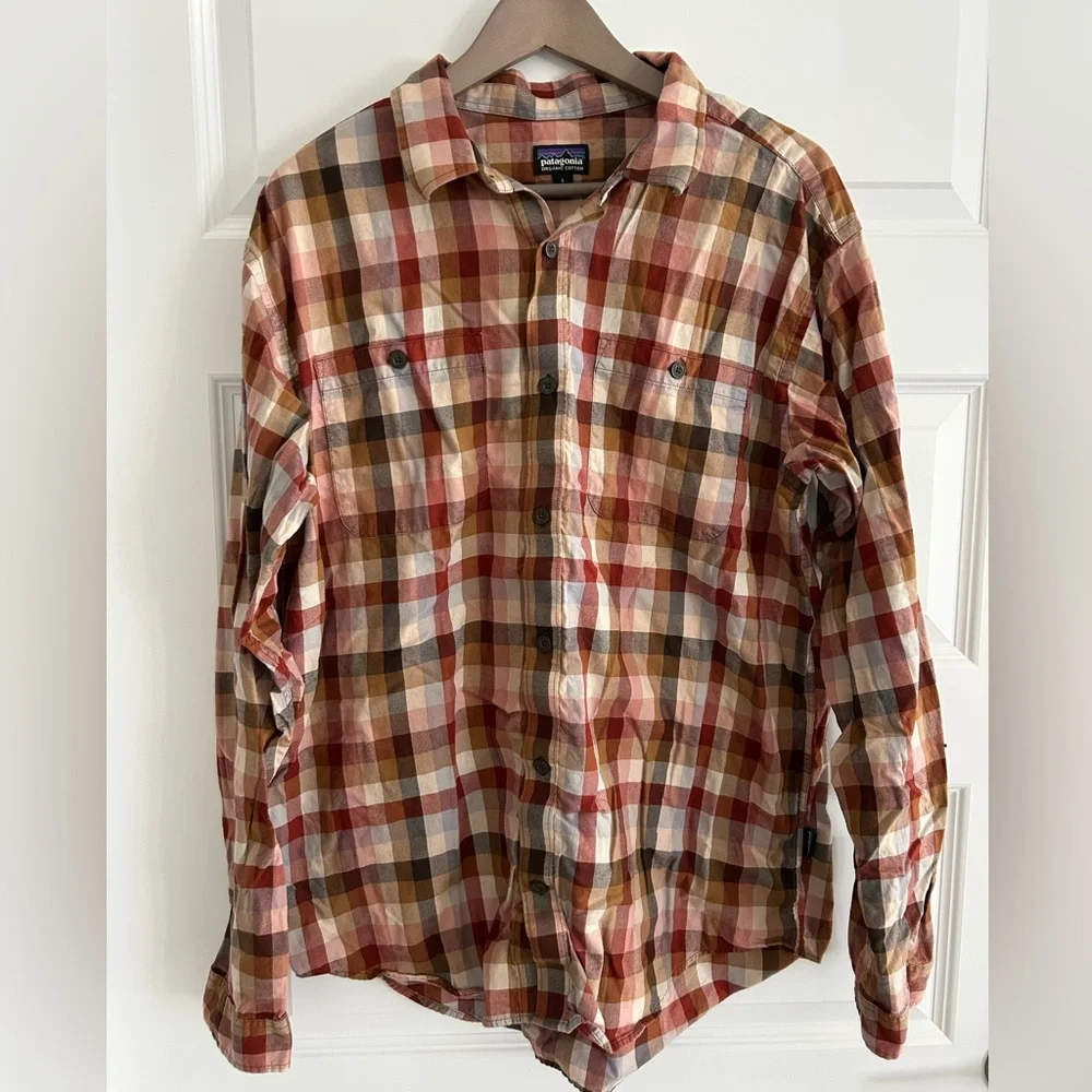 Patagonia Men’s Organic Cotton Plaid Shirt Brown Tan Size L